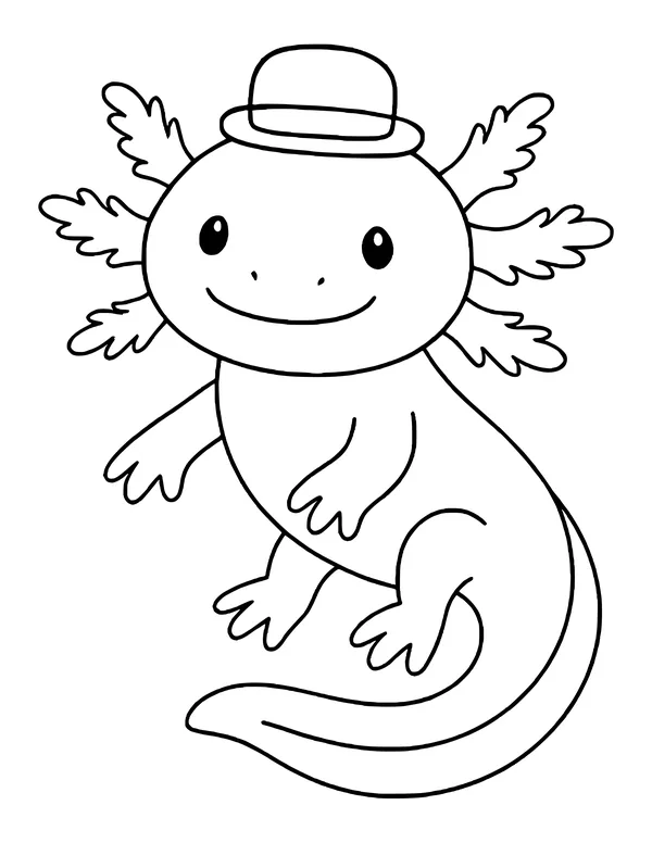 A smiling axolotl wearing a small round bowler hat, with feathery gills, swinging arms and a long curved tail.