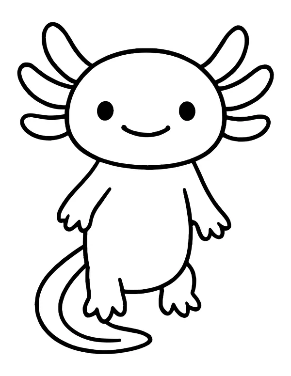 A cheerful axolotl standing upright on its back feet with arms at its sides and a tail curling around the bottom.