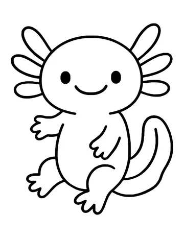 A smiling cartoon axolotl with round frilly gills, lifting one leg and curling its long tail beside it.
