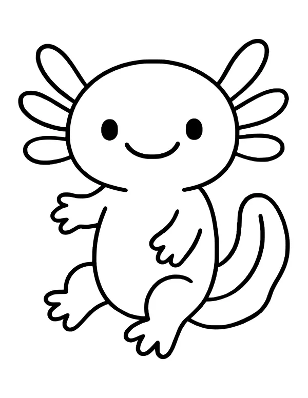 A smiling cartoon axolotl with round frilly gills, lifting one leg and curling its long tail beside it.