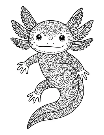 An axolotl with outstretched arms and a pointed tail, covered in scales, spirals and scallop patterns from head to tail.