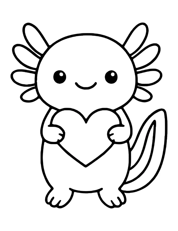 A kawaii axolotl with shiny eyes and a tiny smile holding a big heart in front of its belly, tail raised behind.