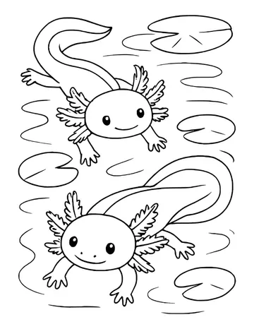 Two smiling axolotls swimming in opposite directions in a pond, with long tails, lily pads and wavy water around them.