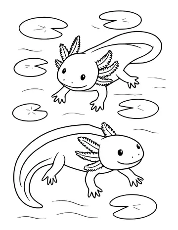 Two axolotls with feathery gills swimming across a pond, surrounded by lily pads and little ripple lines.