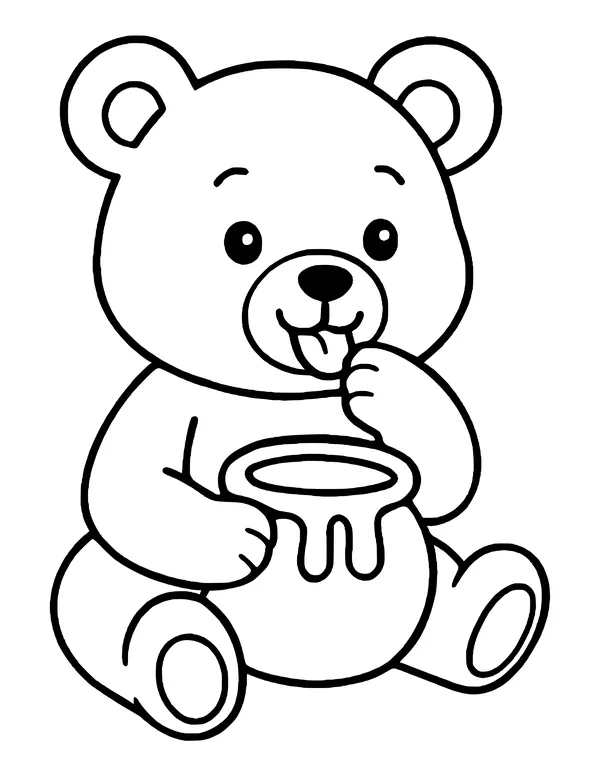 A cute bear cub sitting with a dripping honey pot, licking honey off its paw.