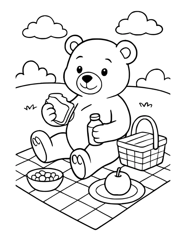 A bear sitting on a picnic blanket with toast and a bottle, next to a lidded basket, a bowl of berries and an apple.