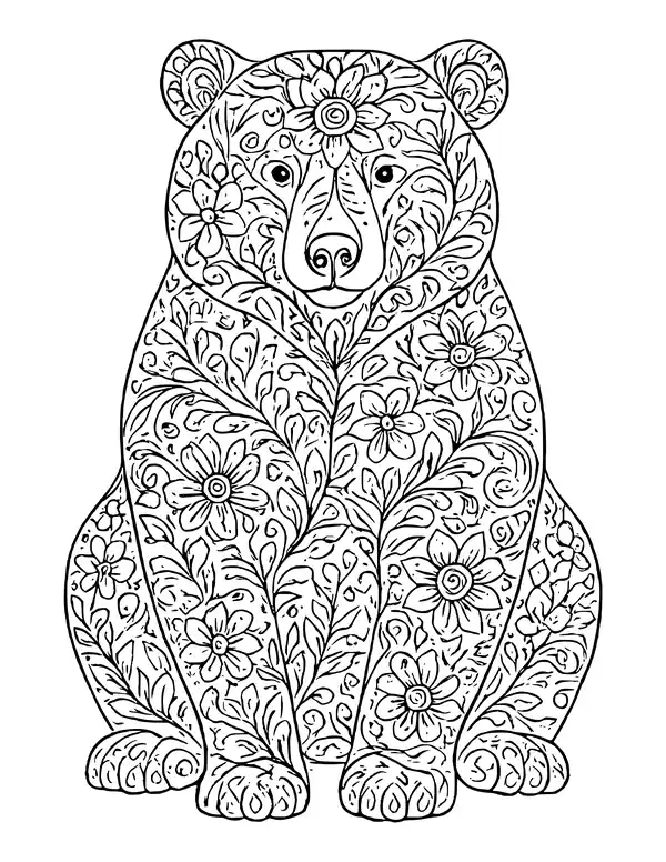 A sitting bear filled with flowers, leaves and swirls, with a large flower on its forehead.