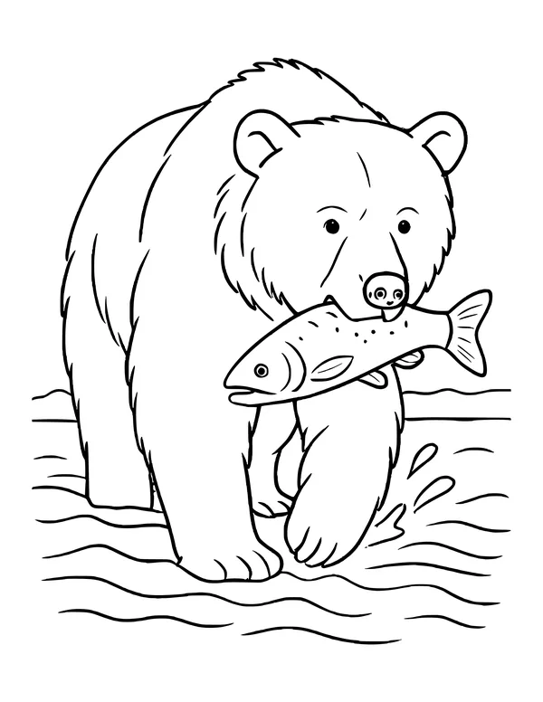 A shaggy grizzly bear walking through the water with a salmon held across its jaws and a splash at its paw.