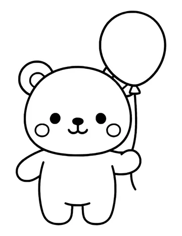 A cute kawaii bear with round cheeks and a tiny smile holding a balloon on a curly string.