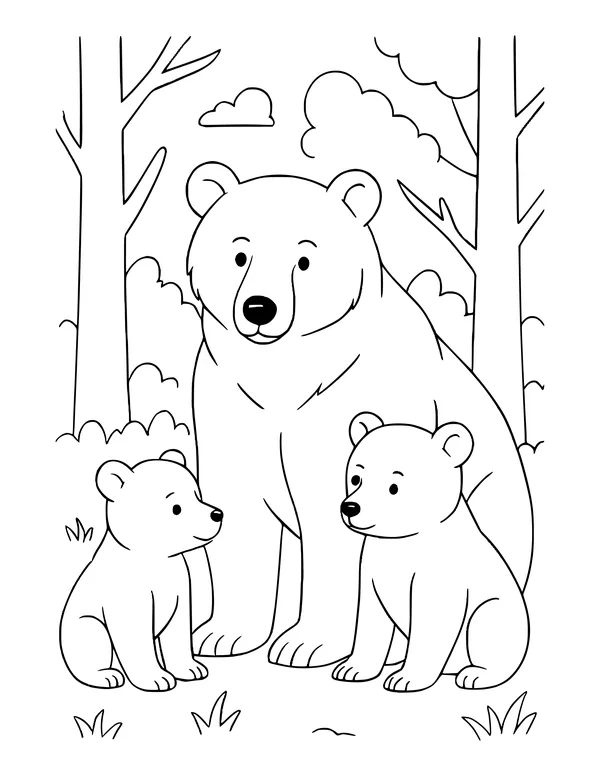 A mother bear sitting between two bear cubs who look at each other, among tall trees, bushes and clouds.