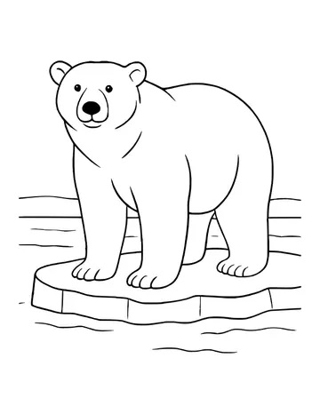 A polar bear standing on a floating ice floe, facing forward, with calm water around it.
