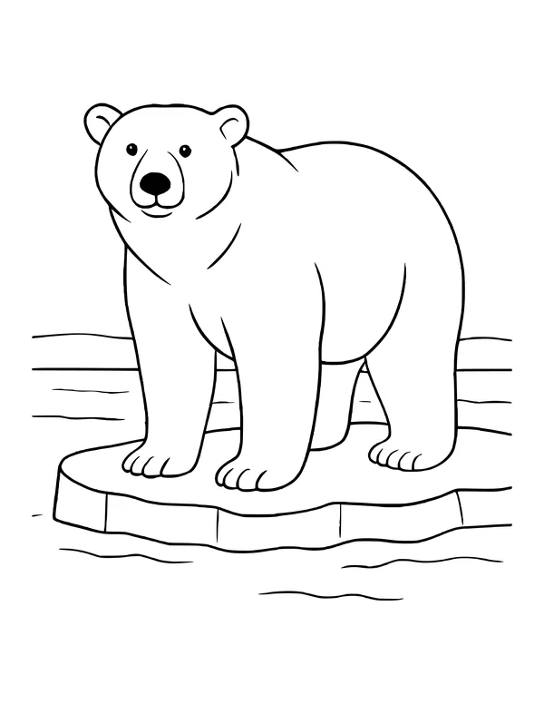 A polar bear standing on a floating ice floe, facing forward, with calm water around it.