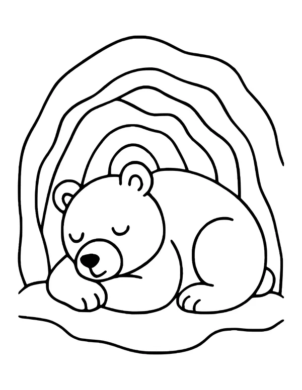 A bear curled up asleep on the ground inside a cave drawn with several wavy rock layers.