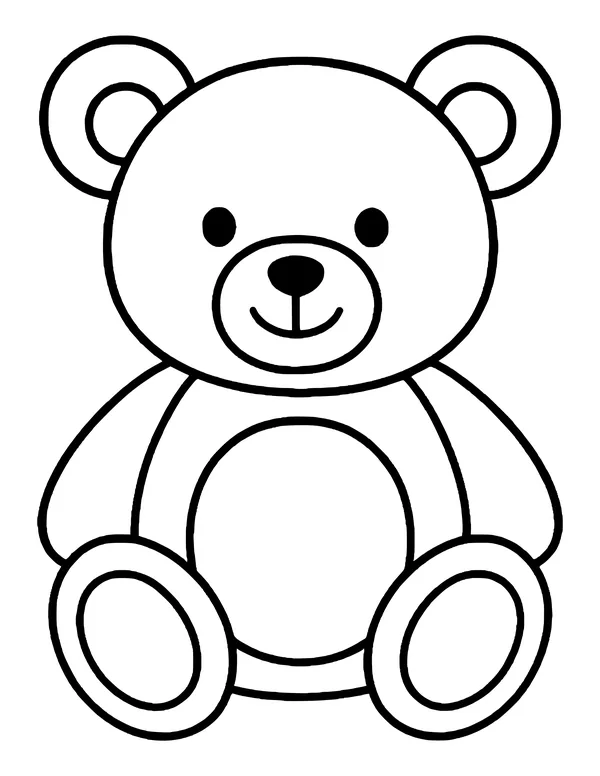 A cute seated teddy bear with round ears, a big oval tummy patch and large foot pads.