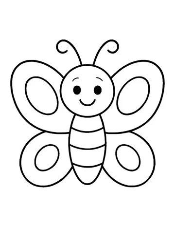 Cute butterfly with a big smiling face, striped body, curly antennae and oval wing spots