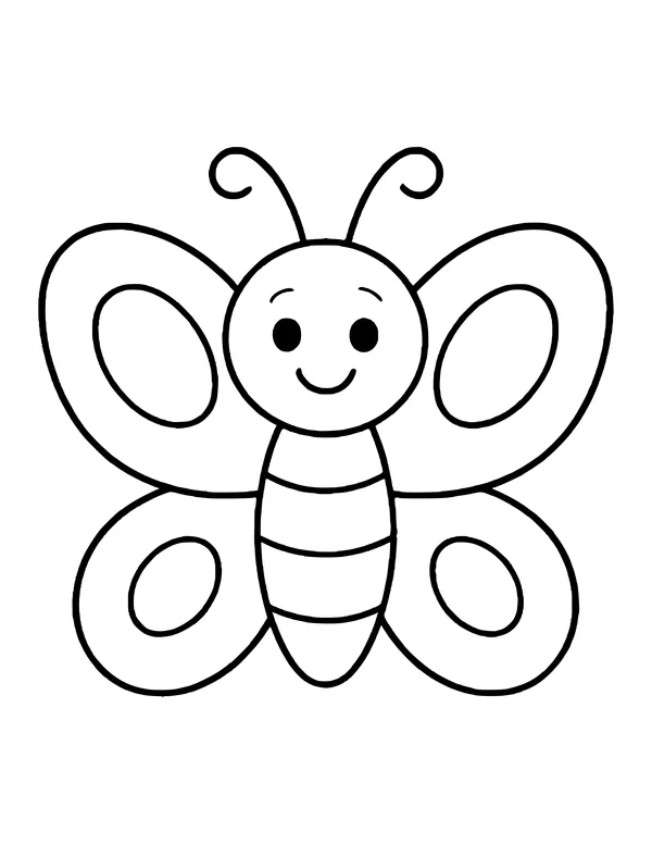 Cute butterfly with a big smiling face, striped body, curly antennae and oval wing spots