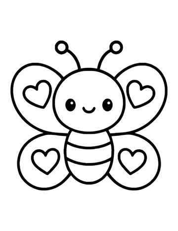 Kawaii butterfly with a round smiling face, striped body and a heart on each of its four wings