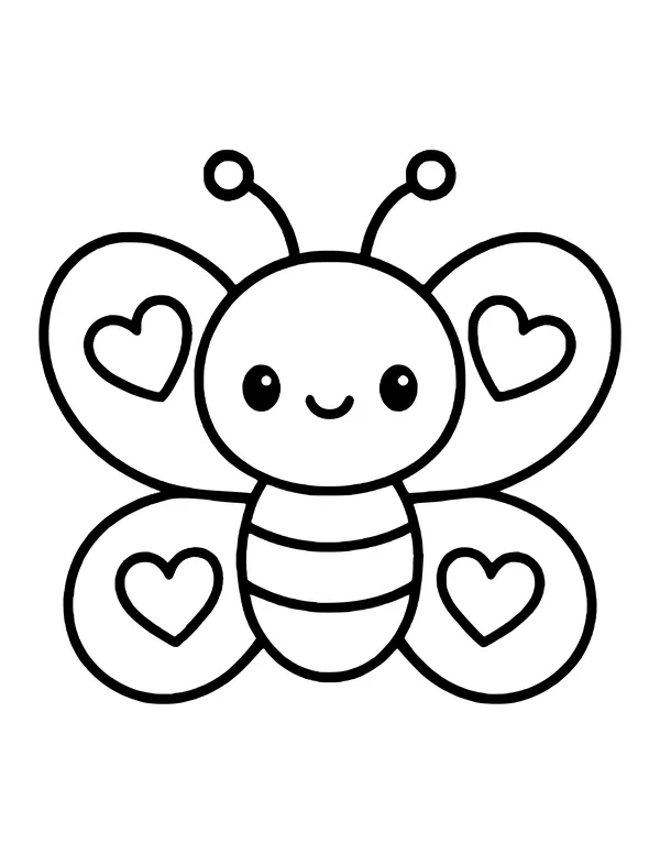 Kawaii butterfly with a round smiling face, striped body and a heart on each of its four wings
