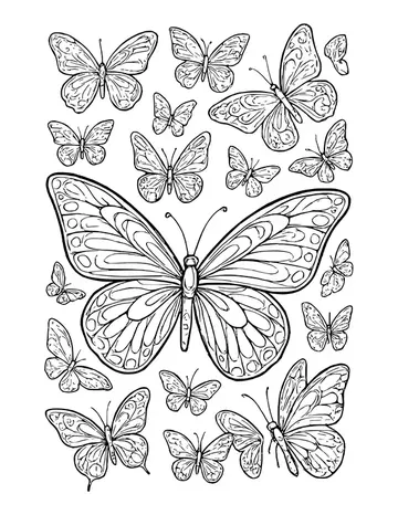 One large butterfly with swirled wings in the middle, ringed by many smaller butterflies