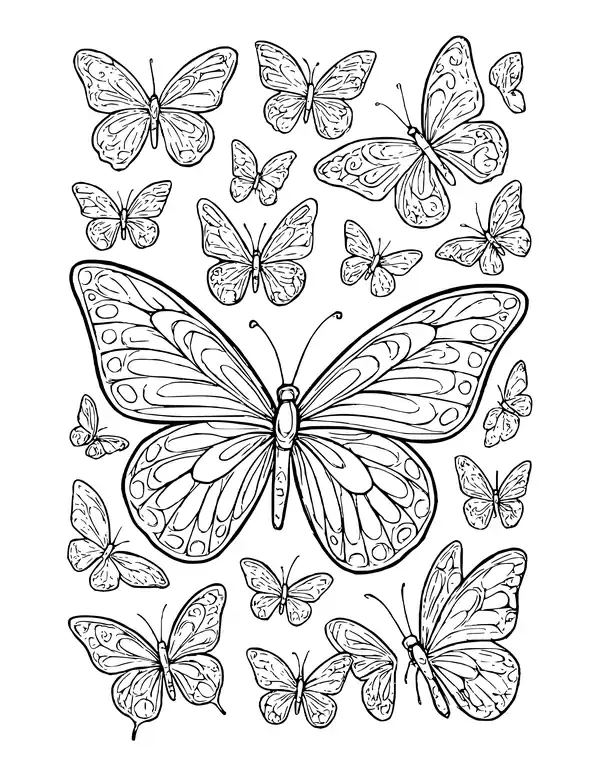 One large butterfly with swirled wings in the middle, ringed by many smaller butterflies