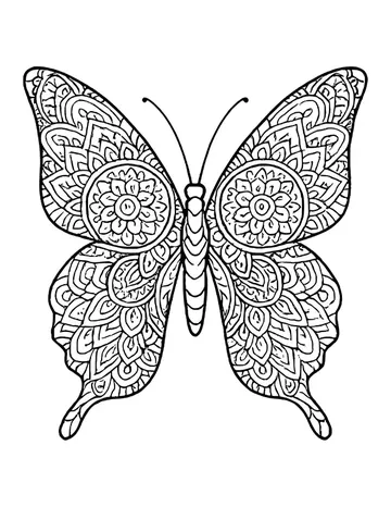 Detailed butterfly with a round flower mandala on each upper wing and tiny patterns throughout