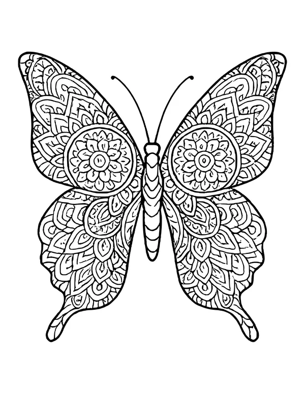 Detailed butterfly with a round flower mandala on each upper wing and tiny patterns throughout