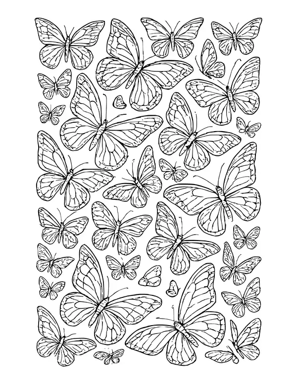 Page packed with dozens of detailed butterflies of different sizes facing many directions