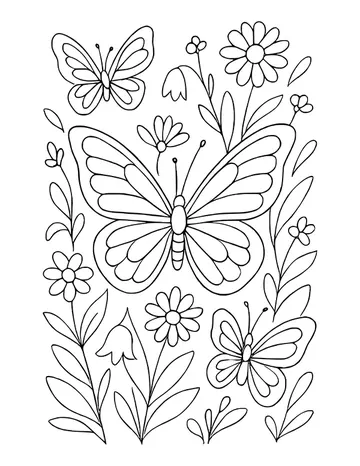 Large butterfly in the center with two smaller ones among daisies, bellflowers and leafy stems