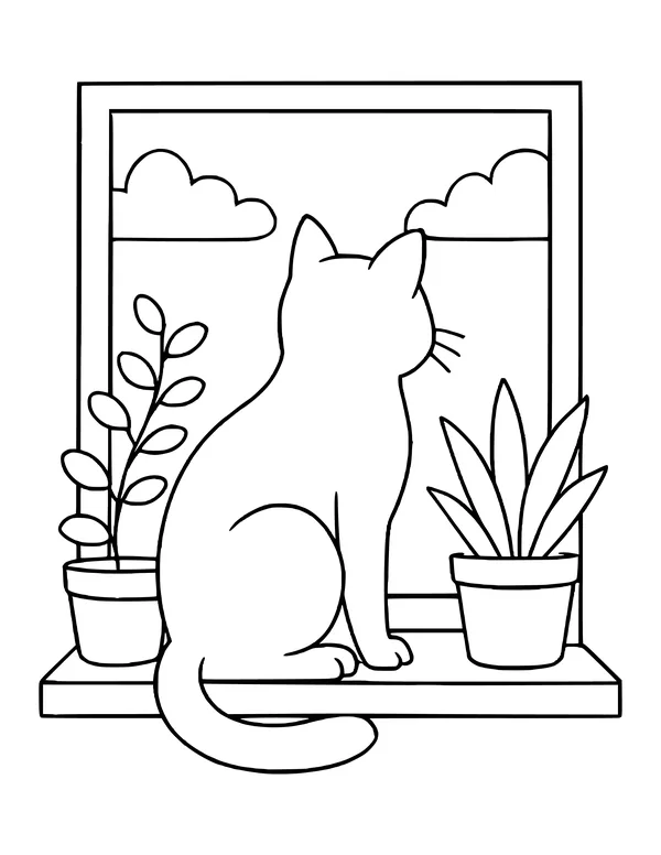 Cat sitting on a windowsill between potted plants, looking out at the clouds