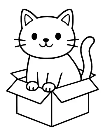 A cute cartoon cat sitting in an open cardboard box with both front paws resting over the edge and its tail up.