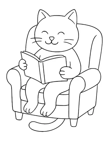 A smiling cat with closed eyes sitting in a cozy armchair and holding an open book, its tail hanging below.