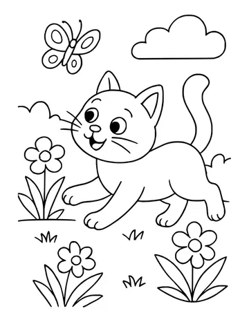 A smiling cat trotting through a flower garden with daisies on both sides, a butterfly and a fluffy cloud overhead.