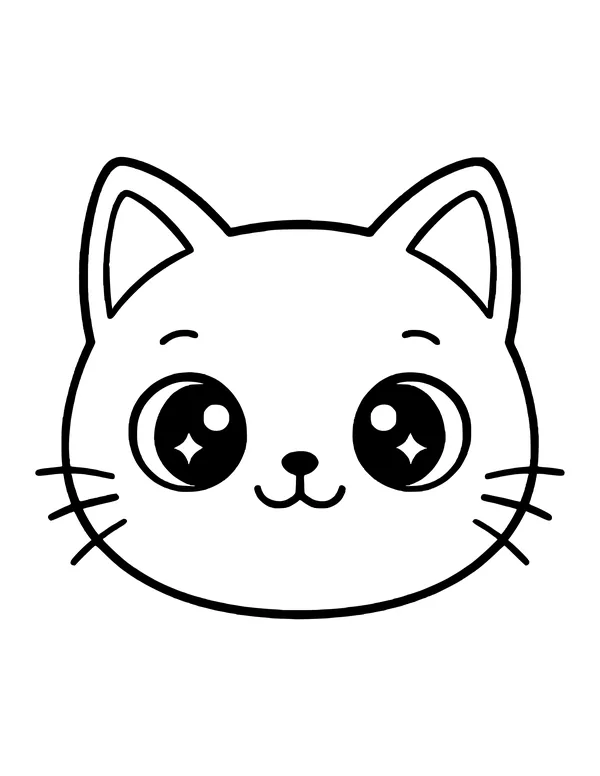 A kawaii cat face with huge shiny eyes holding star sparkles, a tiny nose, a small smile and whiskers.