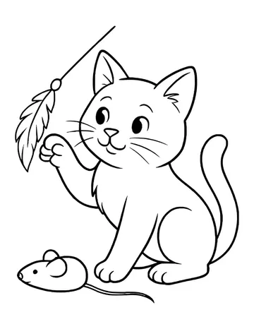 A playful kitten sitting up and pawing at a feather on a wand toy, with a toy mouse on the floor beside it.