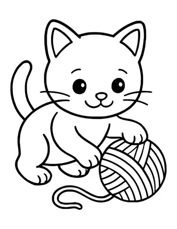 Kitten crouching to play with a ball of yarn, the string trailing on the ground