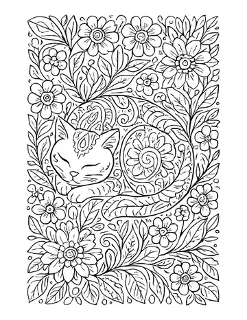 A curled sleeping cat with striped and paisley fur, surrounded edge to edge by dense flowers and leaves.