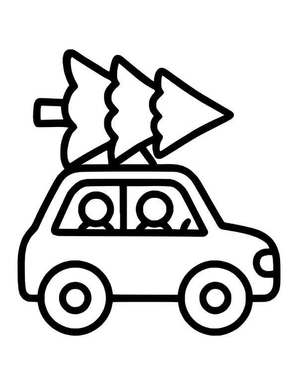 Car with a Christmas tree tied to the roof and a family inside