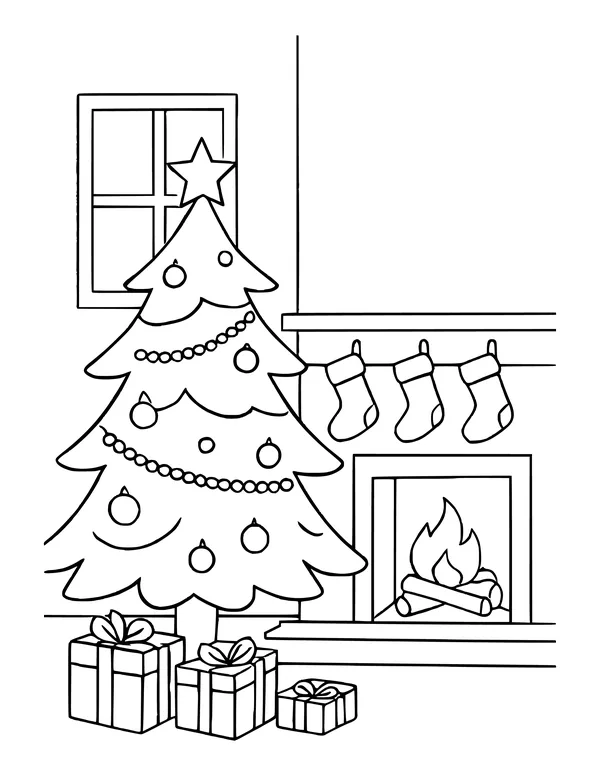 Decorated Christmas tree beside a fireplace with stockings hanging, presents under the tree
