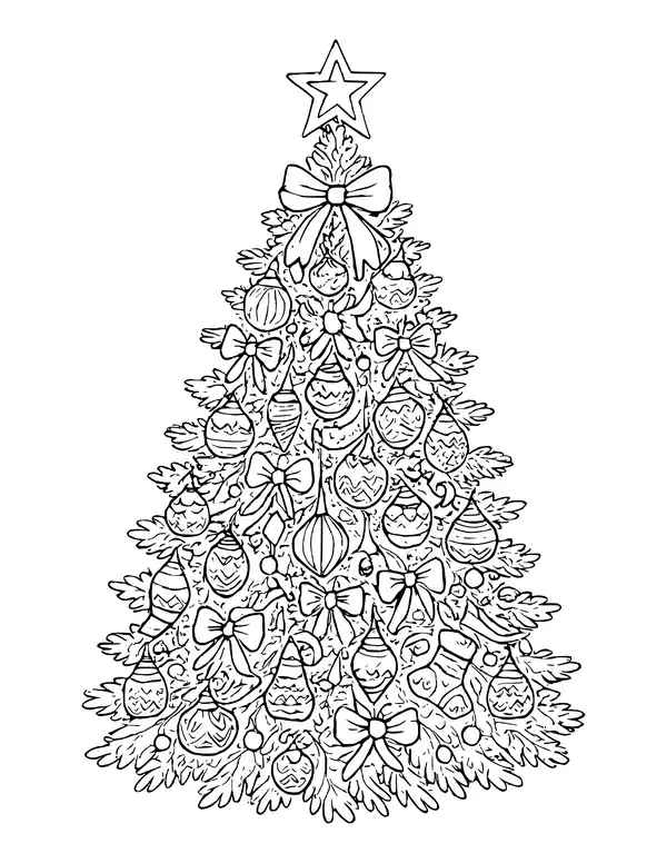Very detailed Christmas tree covered in small patterned ornaments