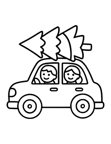 Small round car carrying a Christmas tree on its roof, two smiling people inside