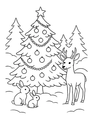 Christmas tree with garlands in a pine forest, a deer and rabbits in the snow