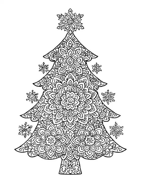 Christmas tree drawn in lace-like patterns with a snowflake star