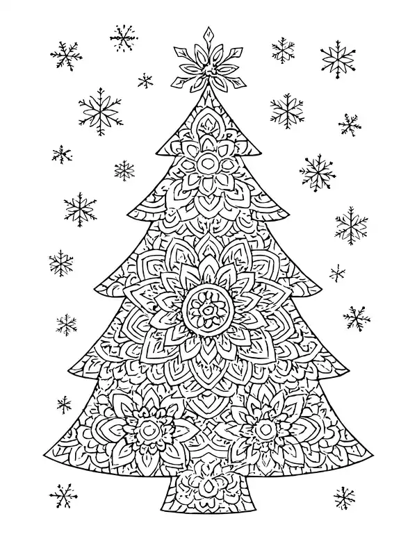 Christmas tree filled with mandala patterns, surrounded by snowflakes