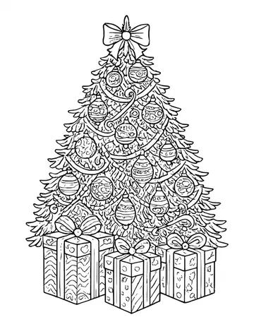 Ornate Christmas tree topped with a bow, covered in tiny decorations, with gifts underneath