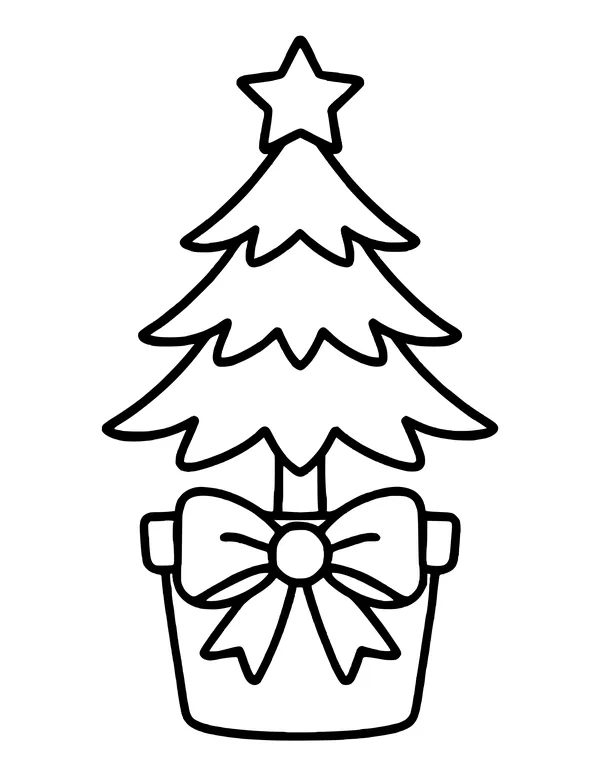 Layered Christmas tree in a square pot with a large ribbon bow on the front