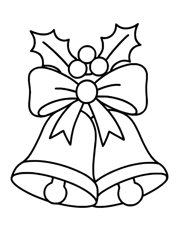 Two Christmas bells tied with a bow, holly leaves and berries on top