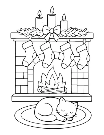 Brick fireplace with four stockings, candles, a garland and a cat asleep on the rug