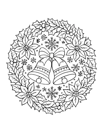 Round Christmas mandala of holly, poinsettias, bells and snowflakes