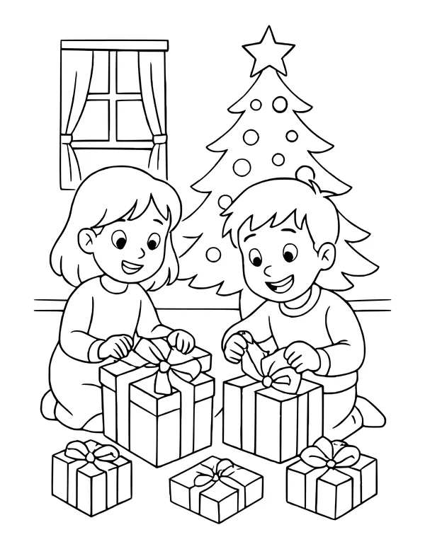 Two kids unwrapping gifts by a window and a Christmas tree