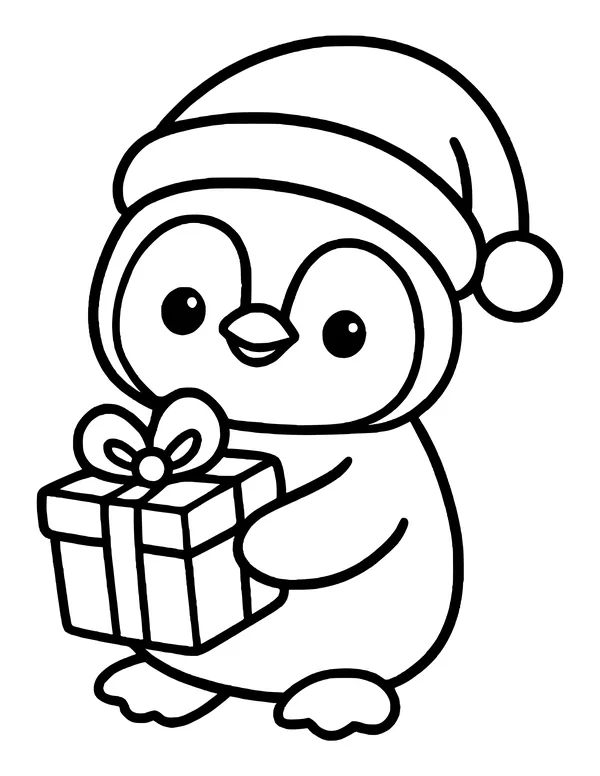 Round penguin with a Santa hat carrying a present with a bow